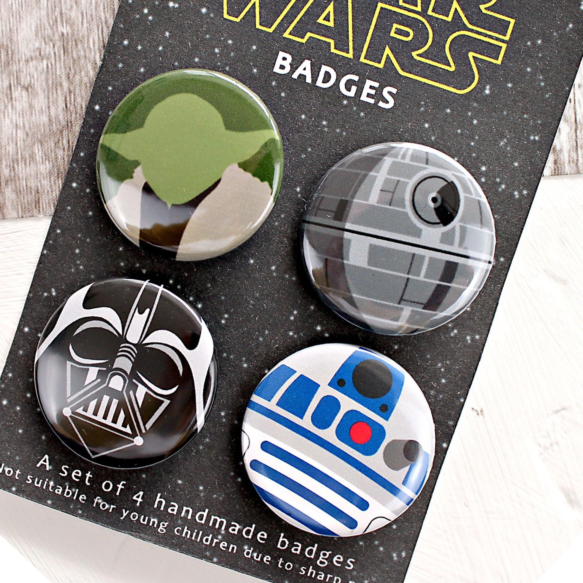 Close up of Star Wars badges