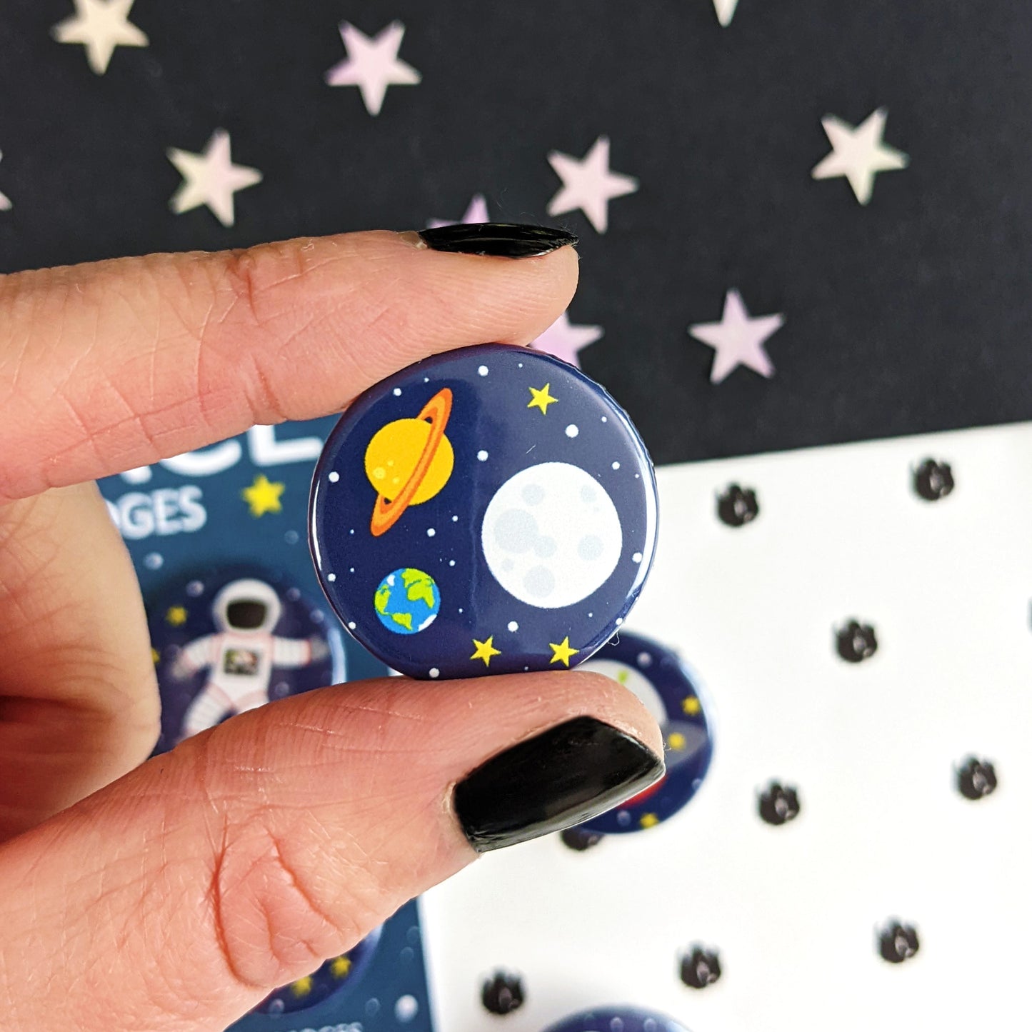 Moon, Earth and Saturn Pin Button Badge
