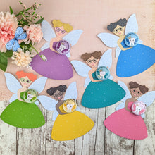 Load image into Gallery viewer, Six different fairies with matching badges. The badge design has a tooth with wings and a crown and the words &#39;I lost my first tooth&#39;.