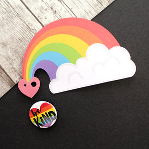 Be kind rainbow heart badge and rainbow backing card