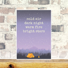 Load image into Gallery viewer, Cold air, dark night, warm fire, bright stars print