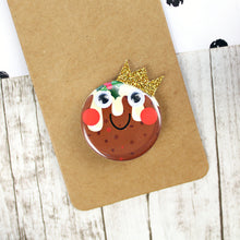 Load image into Gallery viewer, Christmas pudding badge with googly eyes and a crown