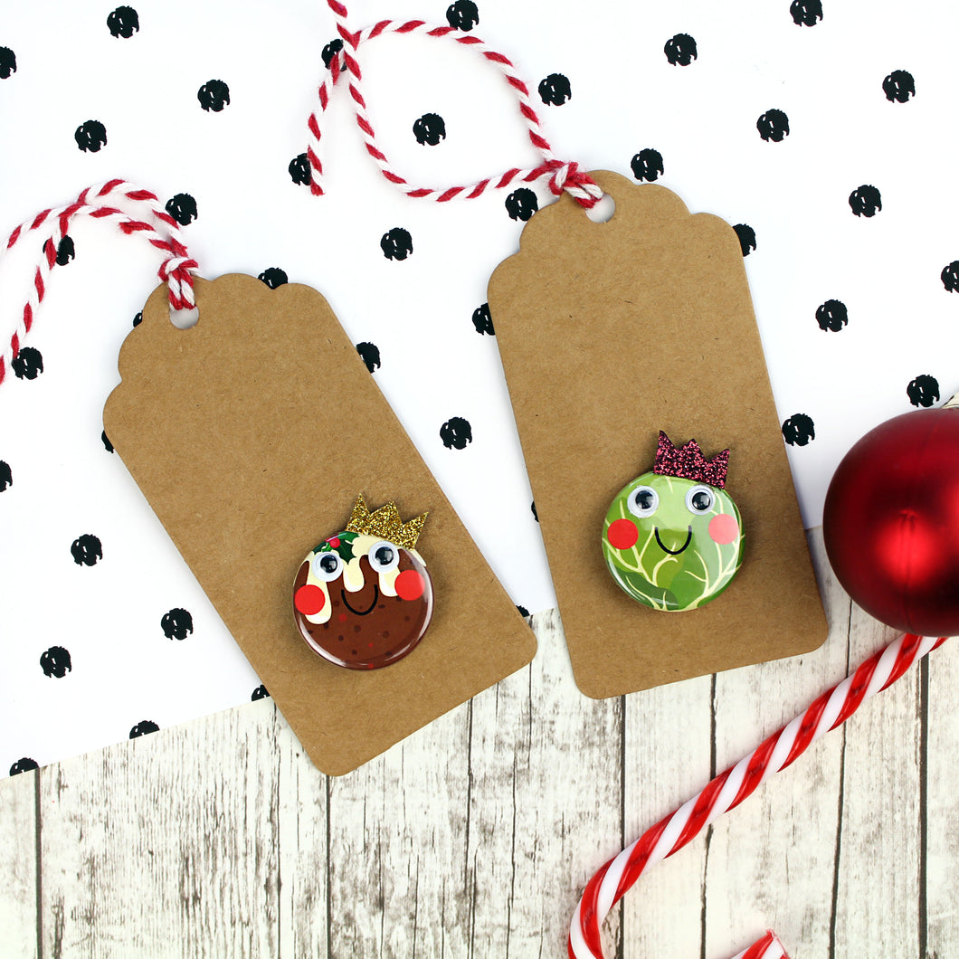 Christmas gift tags with Christmas pudding badge or sprout badge
