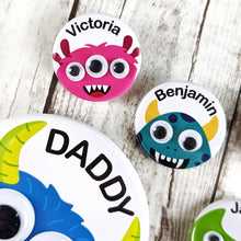 Load image into Gallery viewer, Close up of little monster badges
