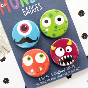 Close up of monster badges