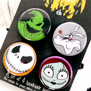 Close up of Nightmare Before Christmas badges