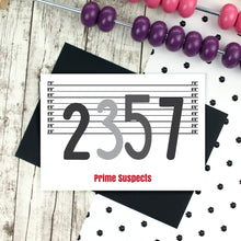 Load image into Gallery viewer, Prime numbers in front of a police line up background with the words &#39;Prime Suspects&#39;