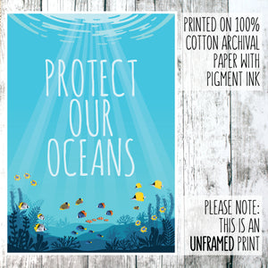 Protect our oceans print with light through oceans and coral reef