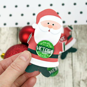 A jolly Santa with an official nice list badge