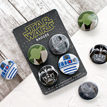 Load image into Gallery viewer, Star Wars badges including R2D2, Darth Vader, Yoda and the Death Star