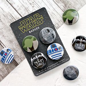 Star Wars badges including R2D2, Darth Vader, Yoda and the Death Star