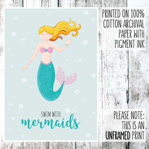 Swim with mermaids unframed print