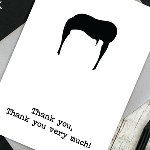 Close up of Elvis thank you card with Elvis hairstyle illustration