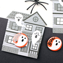 Load image into Gallery viewer, Boo Ghost badge with Haunted House Backing