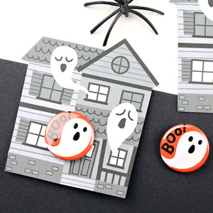 Boo Ghost badge with Haunted House Backing