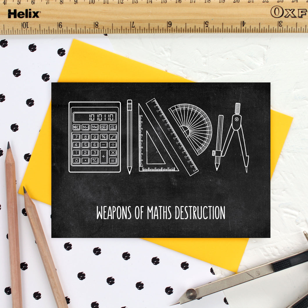 Maths Equipment on a chalkboard background with the words 'Weapons of Maths Destruction'